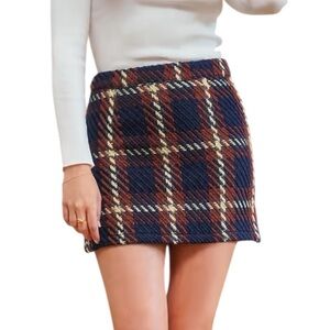 English Factory Navy Blue & Burgundy Brown Plaid Tweed Mini Skirt - M